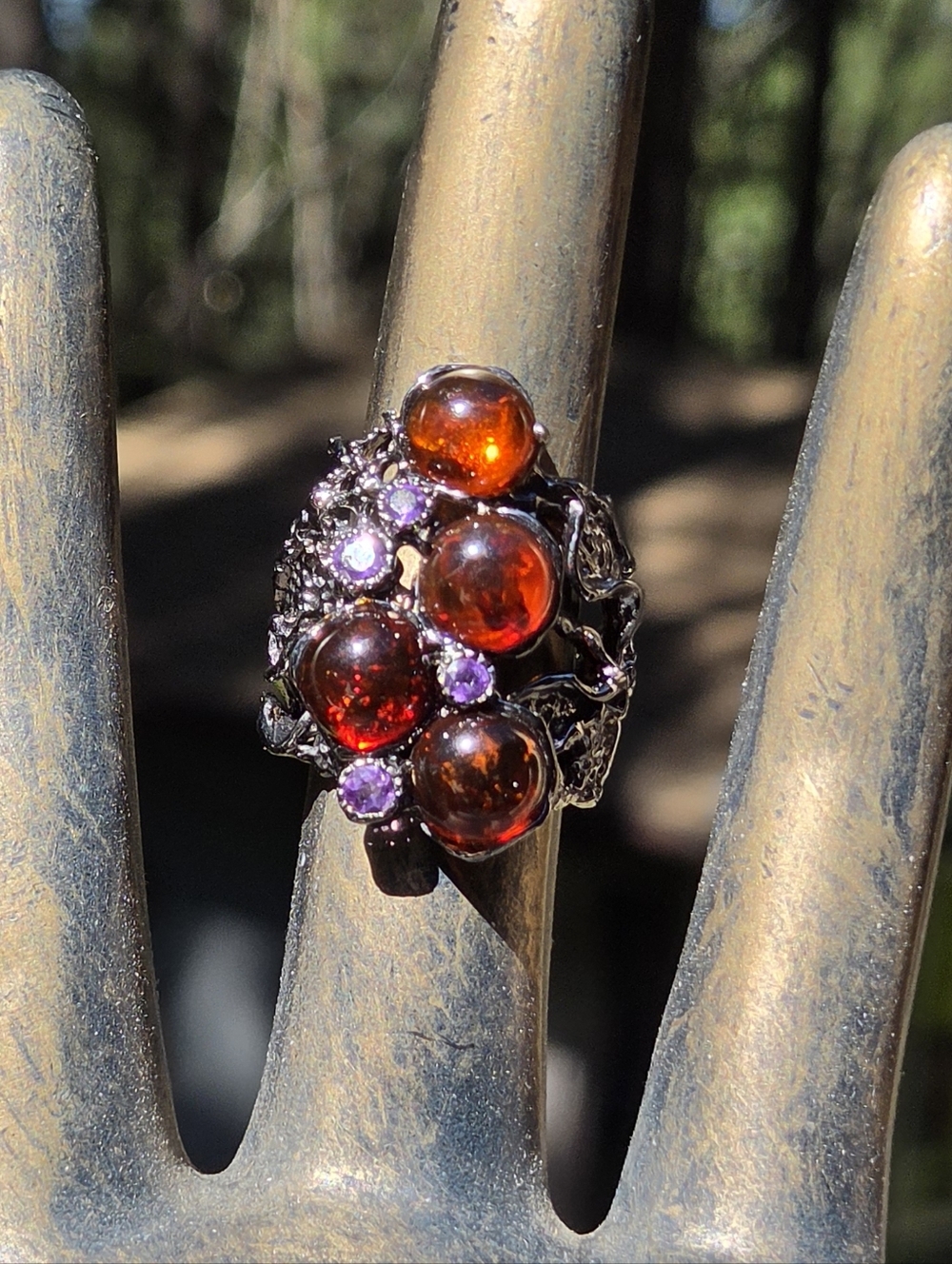 Amber & Amethyst Natural Gemstone Sterling & Rhodium Cocktail Ring Sz7 - Picture 3 of 10